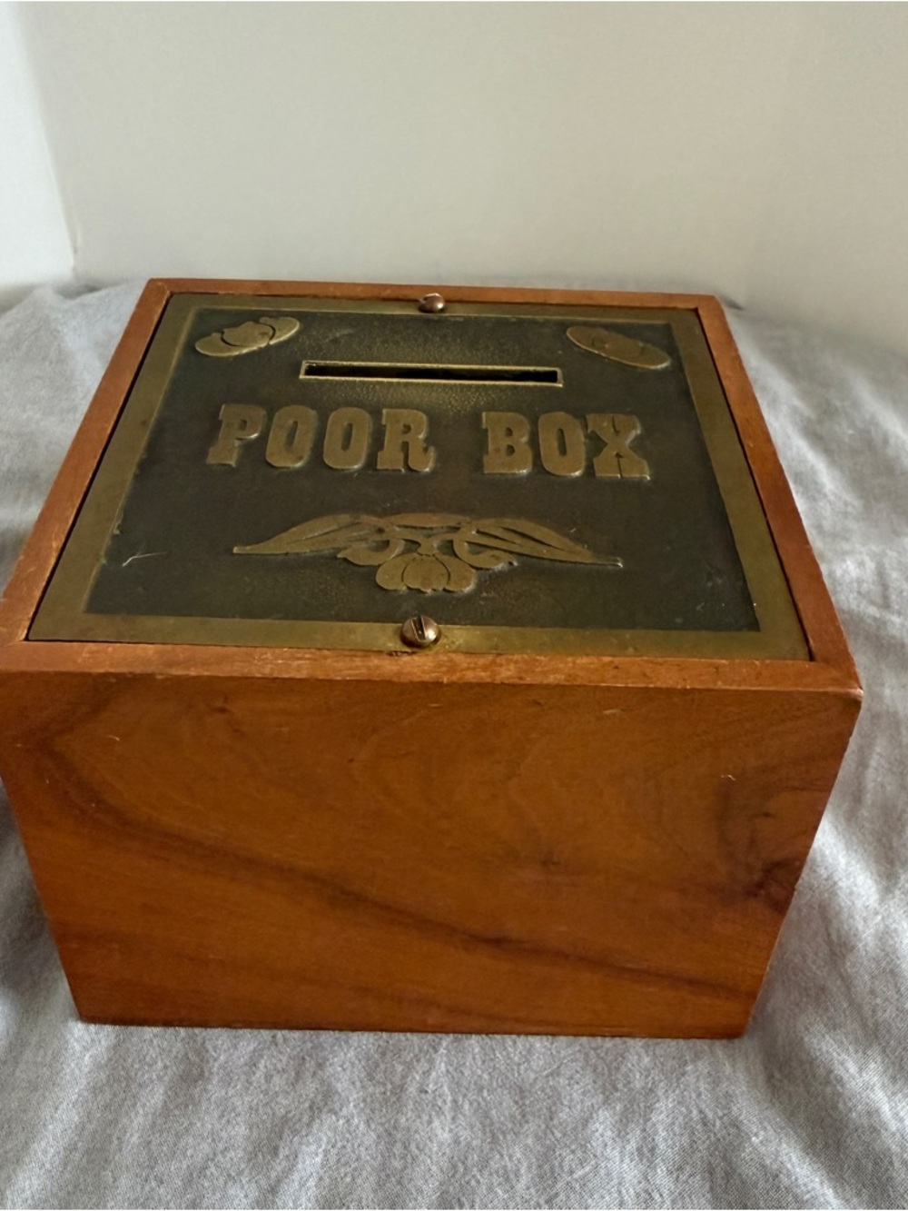 Vintage Mid-Century Wooden Lowell Sigmund 'Poor Box' Brass Top Church Coin Box